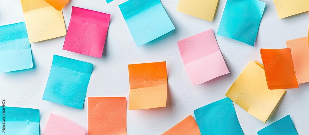 Colorful sticky notes displayed on a white background with copy space image available. Colorful sticky notes displayed on a white background with copy space image available.
