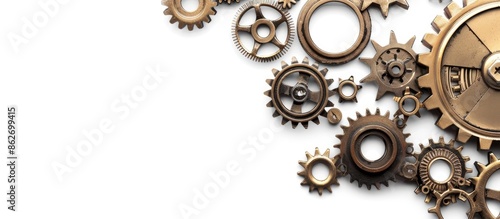 A composition of mechanical gears arranged like a collage against a blank white backdrop, ideal for adding text or other elements, known as a 'copy space image.'