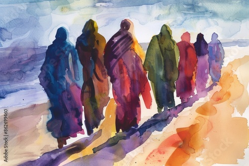 A group of people are walking on a beach. The people are wearing colorful clothing and are walking in a line. The painting has a bright and cheerful mood, with the colors of the clothing