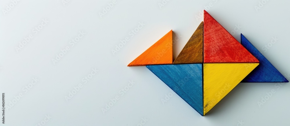 Closeup view of a single colorful tangram piece from a construction game on a plain white background, conveying the concept of construction, with copy space image. Closeup view of a single colorful tangram piece from a construction game on a plain white background, conveying the concept of construction, with copy space image.
