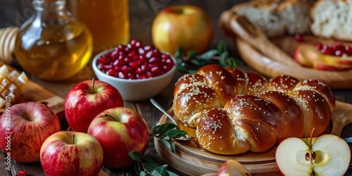 Traditional Challah Bread With Apples and Pomegranate for Rosh Hashanah