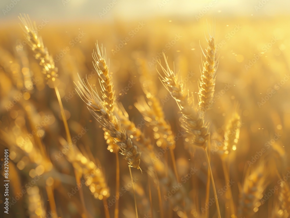 A field of golden wheat with the sun shining on it. The wheat is tall and the sun is casting a warm glow on the field A field of golden wheat with the sun shining on it. The wheat is tall and the sun is casting a warm glow on the field