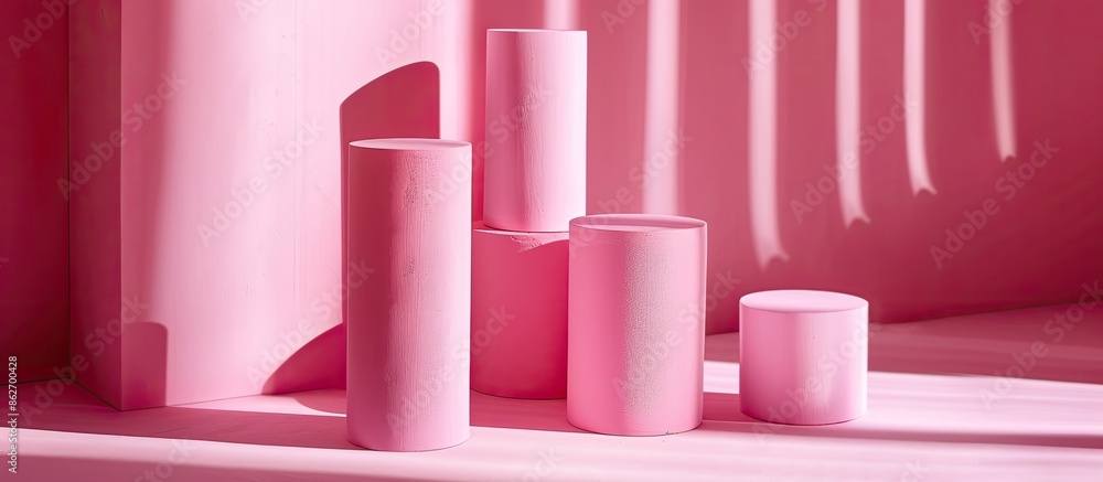 Platonic solid shapes in pink color mixed with cylinders in a simplistic still life composition, ideal for the addition of a copy space image. Platonic solid shapes in pink color mixed with cylinders in a simplistic still life composition, ideal for the addition of a copy space image.