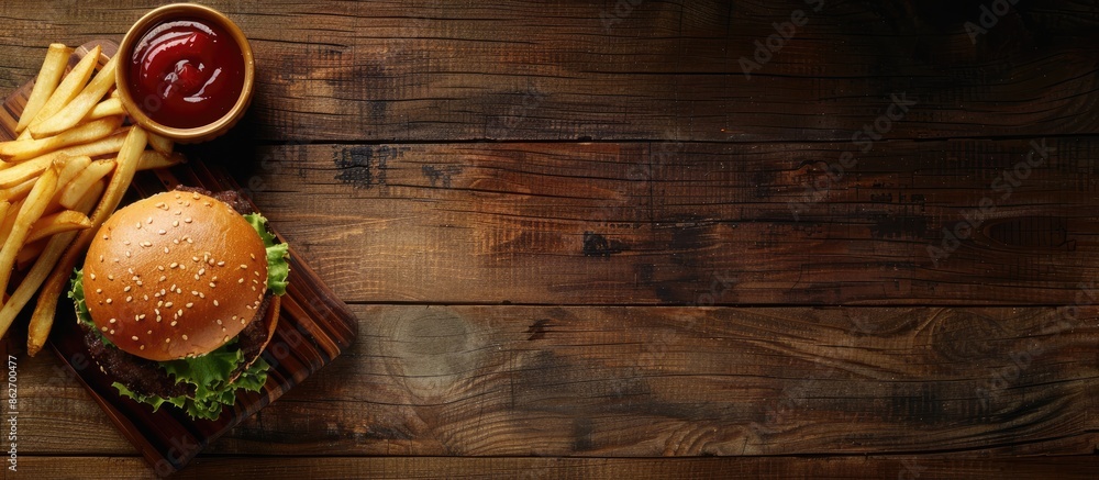 Top-down shot of a tasty burger with beef, ketchup, and fries on a wooden surface, allowing for text in the image. Copy space image. Place for adding text and design Top-down shot of a tasty burger with beef, ketchup, and fries on a wooden surface, allowing for text in the image. Copy space image. Place for adding text and design