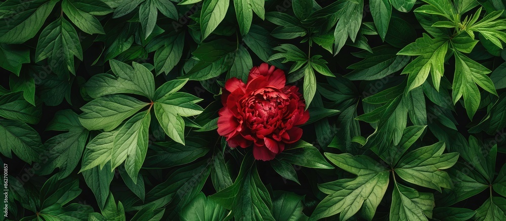 Top view of a red peony in bloom amidst lush greenery, ideal for a postcard design featuring copy space and perfect for occasions like Mother's Day and Women's Day in the vibrant spring garden Top view of a red peony in bloom amidst lush greenery, ideal for a postcard design featuring copy space and perfect for occasions like Mother's Day and Women's Day in the vibrant spring garden