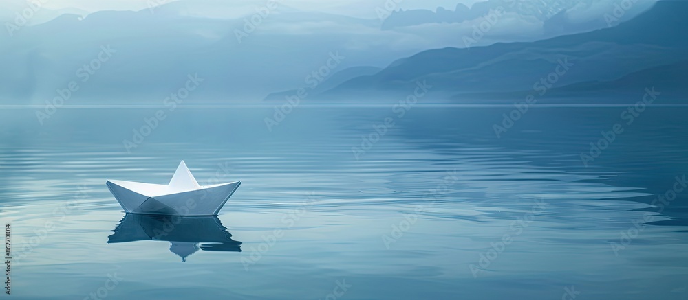 A white paper boat floating on the serene blue waters of a lake, creating a peaceful and calming copy space image. A white paper boat floating on the serene blue waters of a lake, creating a peaceful and calming copy space image.
