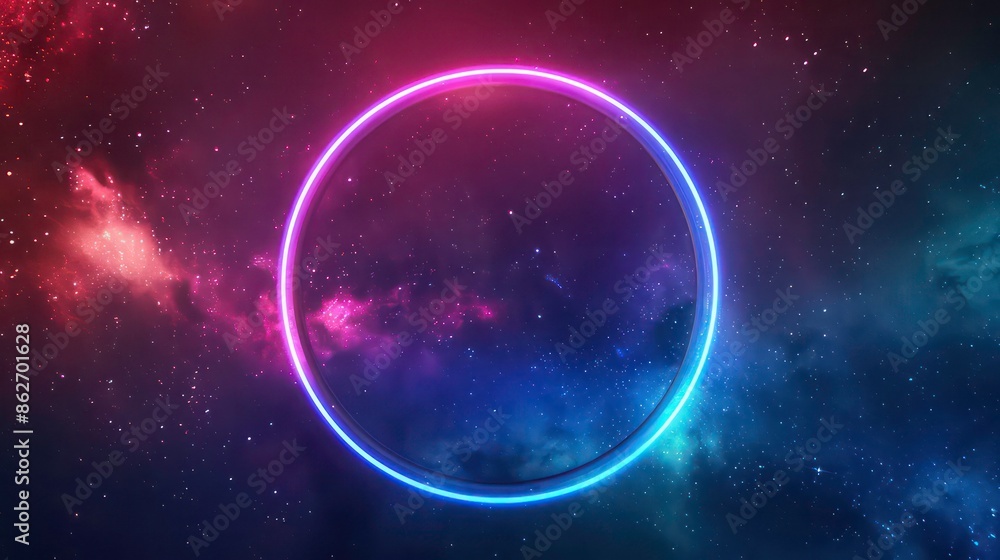 Glowing neon ring moves in a loop on dark galaxy background Abstract neon light circles Laser show in virtual reality outer space with star panorama Copy space image. Generative AI Glowing neon ring moves in a loop on dark galaxy background Abstract neon light circles Laser show in virtual reality outer space with star panorama Copy space image. Generative AI