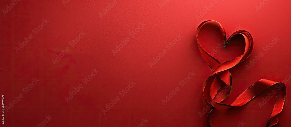 A heart-shaped ribbon on a red backdrop with ample copy space for holiday greeting cards like Valentine's Day, Women's Day, Birthday, and Mother's Day. Top view in horizontal orientation. A heart-shaped ribbon on a red backdrop with ample copy space for holiday greeting cards like Valentine's Day, Women's Day, Birthday, and Mother's Day. Top view in horizontal orientation.
