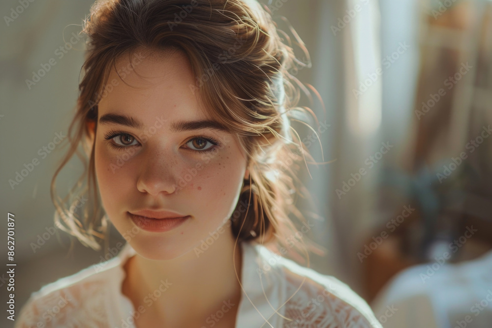 Fototapeta premium A woman with brown hair and green eyes is wearing a white lace blouse. She is smiling and looking directly at the camera