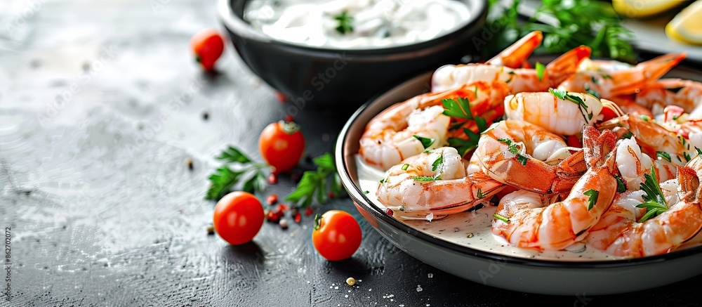A composition featuring delicious shrimps in a luscious white sauce displayed on a table with copy space image.
