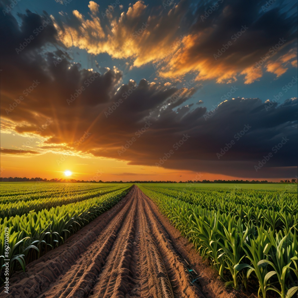 Sunset over a dirt road path in a cornfield with dramatic sky. Concept of rural life, agriculture, and nature. Sunset over a dirt road path in a cornfield with dramatic sky. Concept of rural life, agriculture, and nature.