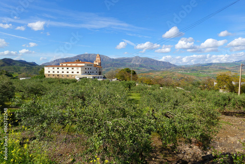 Our lady of flowers sanctuary overlooing the Guadalhorce valley and the Sierra de la Huma near El Chorro