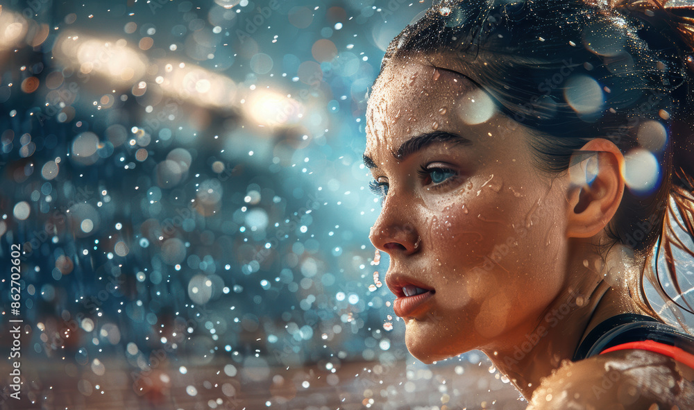 Obraz premium a Caucasian female athlete competing in a global event on the track, wearing specialized gear during intense race training.