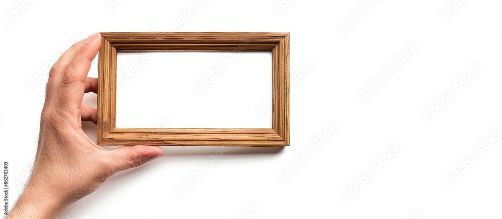 A hand grasping a wooden frame with a white background, suitable for a copy space image. A hand grasping a wooden frame with a white background, suitable for a copy space image.