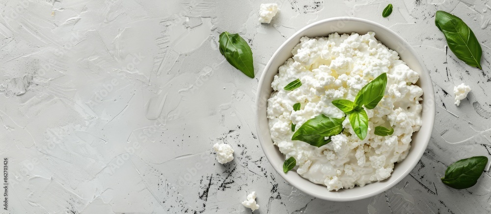 Obraz premium A white bowl on concrete with cottage cheese and yogurt in it, surrounded by copy space image.