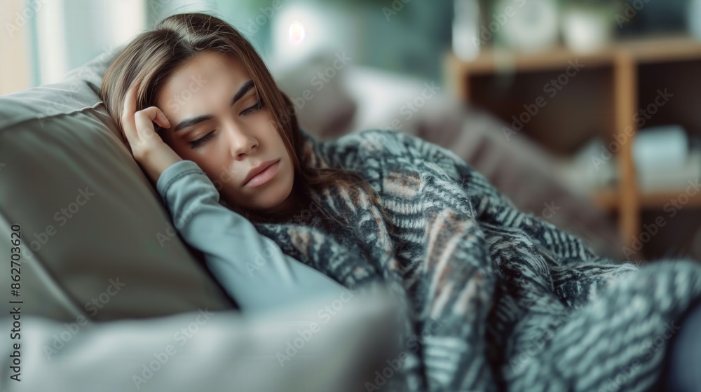 Woman gets sick rest sleep on sofa tired eye closed not feeling well Caucasian female in knitted jacket blurred living room background Woman gets sick rest sleep on sofa tired eye closed not feeling well Caucasian female in knitted jacket blurred living room background