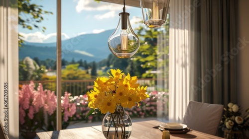 A table with a vase of yellow flowers and a view of mountains