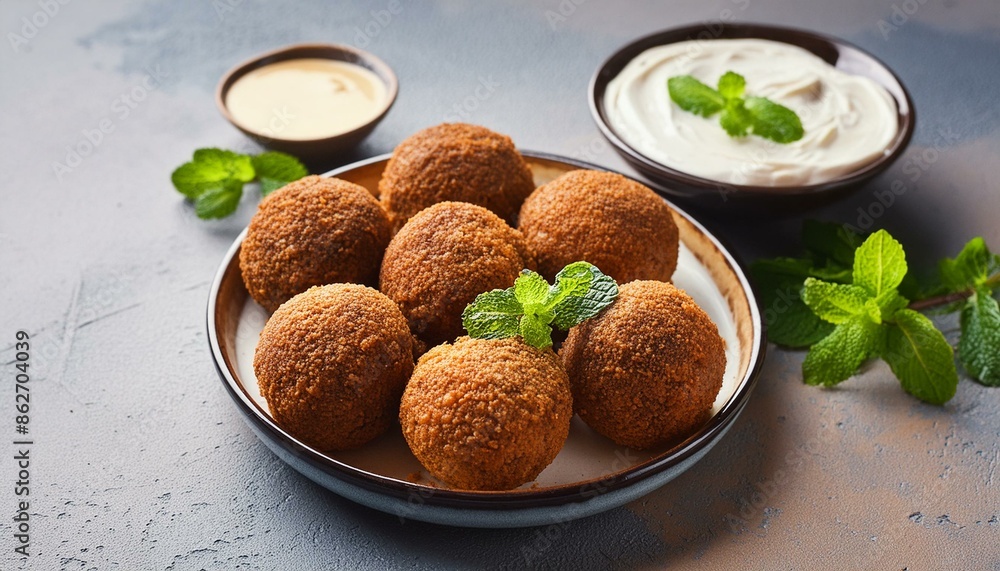 A plate of Syrian kibbeh, fried bulgur balls filled with meat and spices, served with a yoghurt dip. Served with a bowl of hummus and a few mint leaves. A plate of Syrian kibbeh, fried bulgur balls filled with meat and spices, served with a yoghurt dip. Served with a bowl of hummus and a few mint leaves.