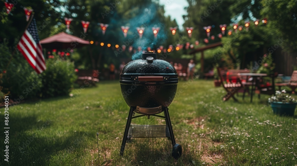 Black charcoal grill fired up for backyard barbecue party with American flag and festive string lights. Summer cookout celebration, food, friends, and fun. Black charcoal grill fired up for backyard barbecue party with American flag and festive string lights. Summer cookout celebration, food, friends, and fun.