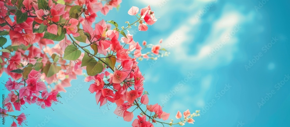 Close-up of vibrant Rangoon creeper flowers against a scenic sky background in a copy space image. Close-up of vibrant Rangoon creeper flowers against a scenic sky background in a copy space image.