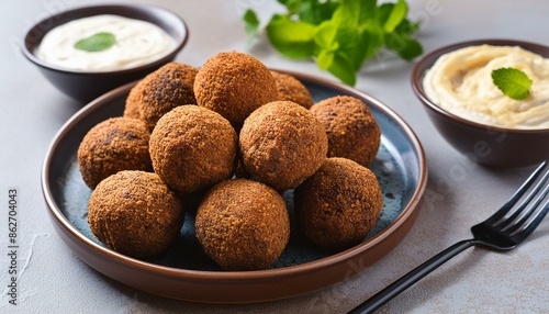 A plate of Syrian kibbeh, fried bulgur balls filled with meat and spices, served with a yoghurt dip. Served with a bowl of hummus and a few mint leaves.