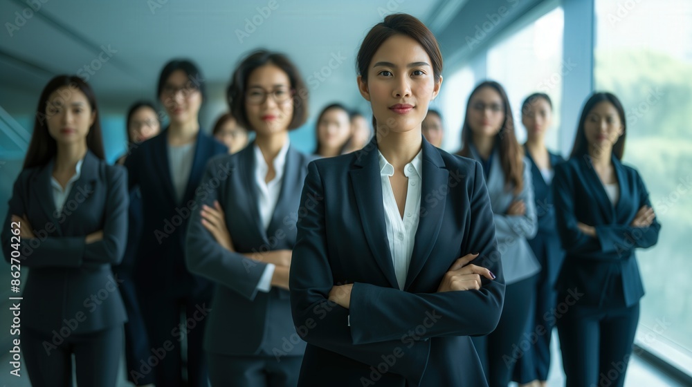 Team of Asian businesswoman female salesperson in office cross hands pose for photoshoot teamwork teambuilding good relationship with colleague Team of Asian businesswoman female salesperson in office cross hands pose for photoshoot teamwork teambuilding good relationship with colleague