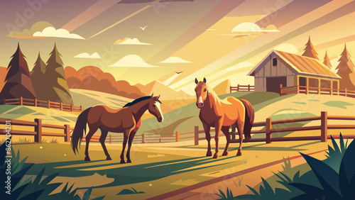 Serene Farm Landscape with Horses at Sunset
