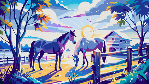 Sunset Serenity at a Horse Farm: Colorful Illustration of Rural Life
