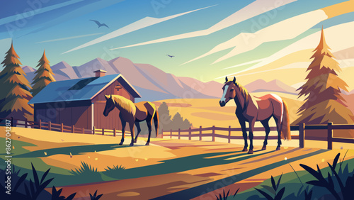 Serene Farm Landscape with Grazing Horses at Sunrise