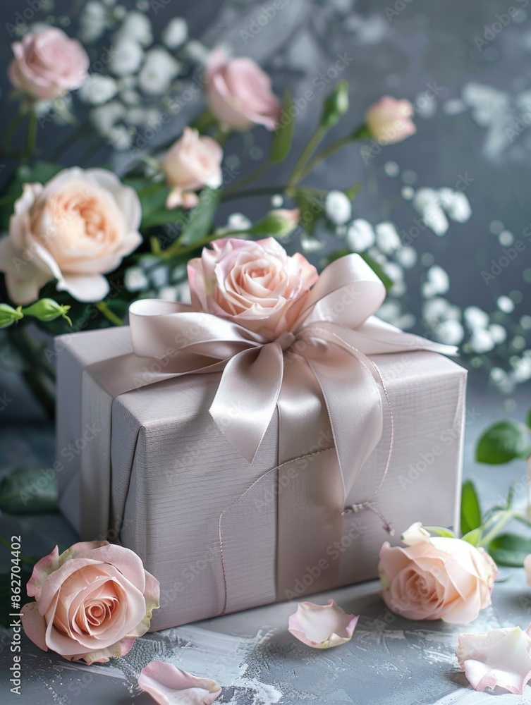 A white box with a pink ribbon and a pink rose on top. Concept of celebration and joy, as the pink ribbon and flowers suggest a gift or a special occasion A white box with a pink ribbon and a pink rose on top. Concept of celebration and joy, as the pink ribbon and flowers suggest a gift or a special occasion