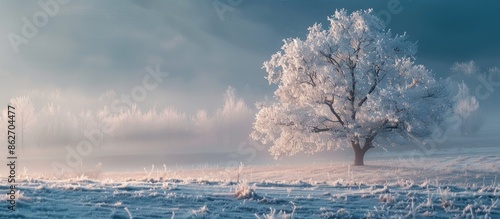 Winter landscape featuring a tree highlighted with rime ice frost against the light, perfect as a copy space image. photo