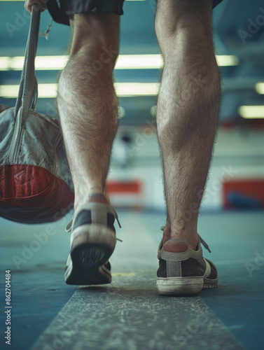 A man with hairy legs is walking with a gym bag. Concept of determination and motivation, as the man is likely heading to the gym for a workout. The gym bag suggests that he is prepared