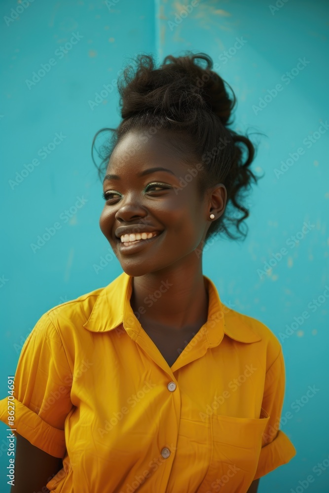 A smiling woman with a yellow shirt and a ponytail. She is looking at the camera and has a bright smile on her face A smiling woman with a yellow shirt and a ponytail. She is looking at the camera and has a bright smile on her face
