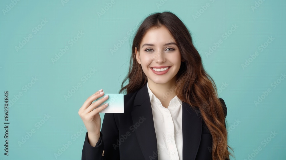 Businesswoman holding show her debit credit card beautiful smile long hair female Caucasian in suit simple light grey background copy space Businesswoman holding show her debit credit card beautiful smile long hair female Caucasian in suit simple light grey background copy space