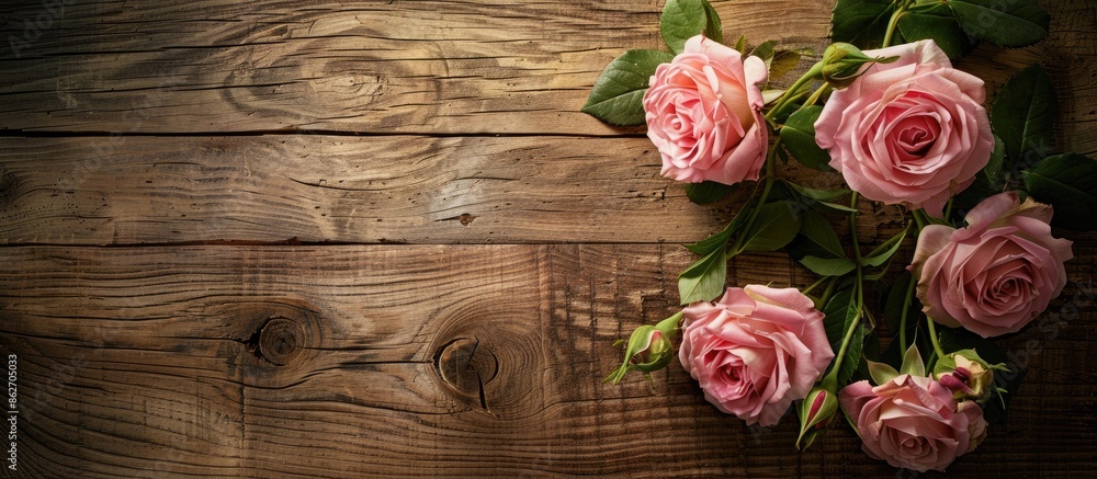 Pink roses arranged beautifully on a wooden backdrop with space for text or graphics in the image. Copy space image. Place for adding text and design Pink roses arranged beautifully on a wooden backdrop with space for text or graphics in the image. Copy space image. Place for adding text and design