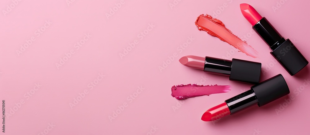 Flat lay of stunning lipsticks on a pink background, with copy space image available. Flat lay of stunning lipsticks on a pink background, with copy space image available.
