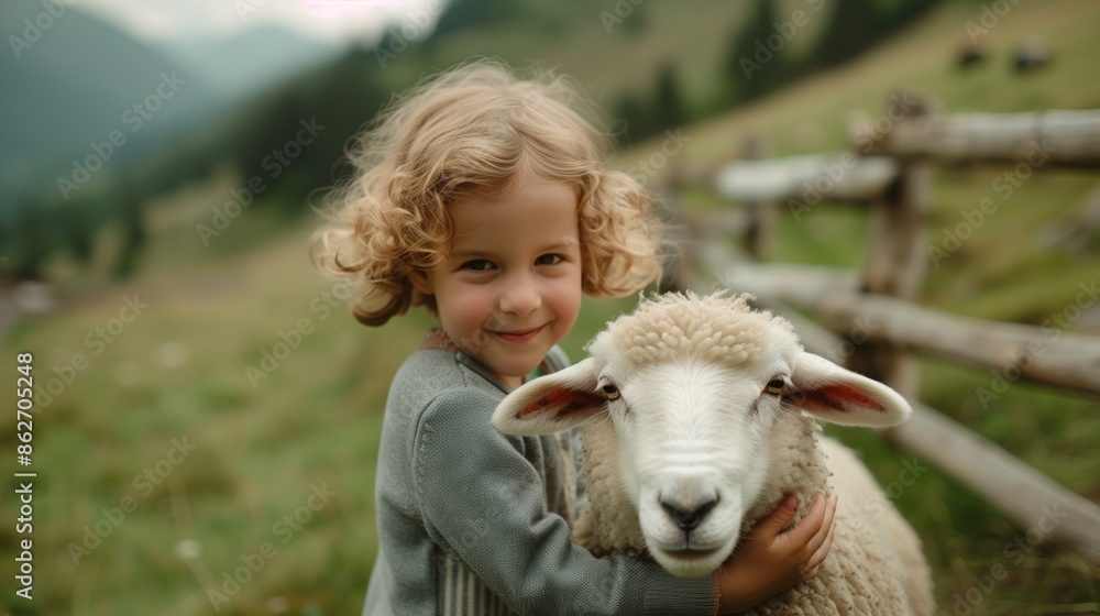 A young girl with curly blond hair smiles as she strokes a white sheep in a meadow A young girl with curly blond hair smiles as she strokes a white sheep in a meadow