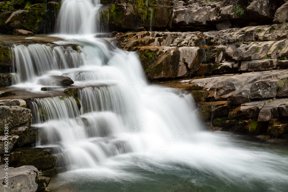 Gradas de Soaso (Soaso waterfalls) in the Ordesa Valley National Park in Aragon Pyrenees. Huesca, Spain. Ara river waterfalls. Gradas de Soaso (Soaso waterfalls) in the Ordesa Valley National Park in Aragon Pyrenees. Huesca, Spain. Ara river waterfalls.