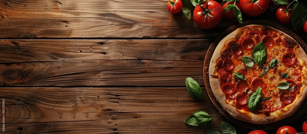Italian pizza on wooden surface with space for text. Copy space image. Place for adding text and design Italian pizza on wooden surface with space for text. Copy space image. Place for adding text and design