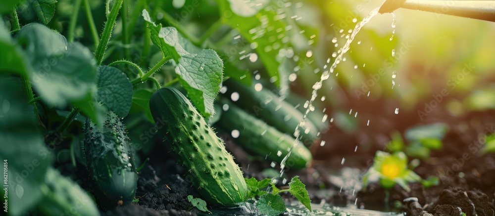 Close-up image of green cucumber plants being watered in the garden on a summer day, with space for adding text or graphics. Copy space image. Place for adding text and design Close-up image of green cucumber plants being watered in the garden on a summer day, with space for adding text or graphics. Copy space image. Place for adding text and design