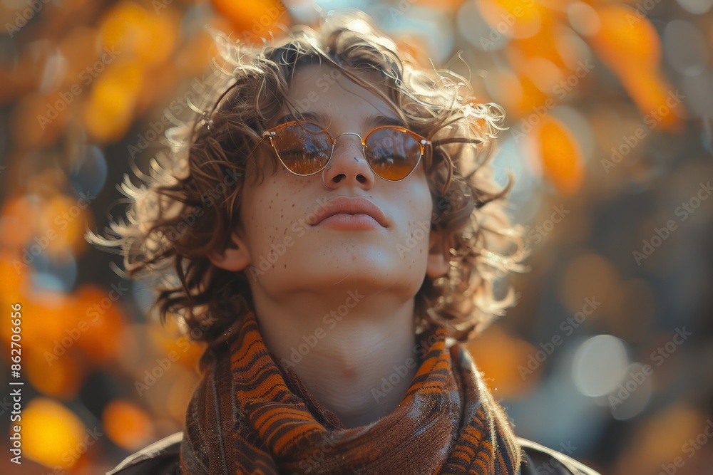 A young man stands amidst autumn foliage wearing sunglasses, his pensive expression and the vibrant leaves around him reflecting a stylish and moody aura. A young man stands amidst autumn foliage wearing sunglasses, his pensive expression and the vibrant leaves around him reflecting a stylish and moody aura.