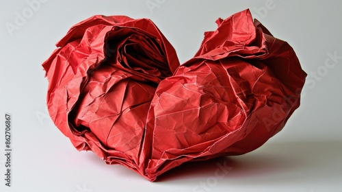 A heart made of paper is crumpled and torn. Concept of sadness and loss, as the heart is no longer whole and has been damaged photo