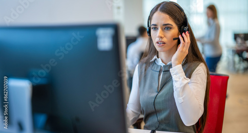 Frustrated woman working in a call center on computer. photo