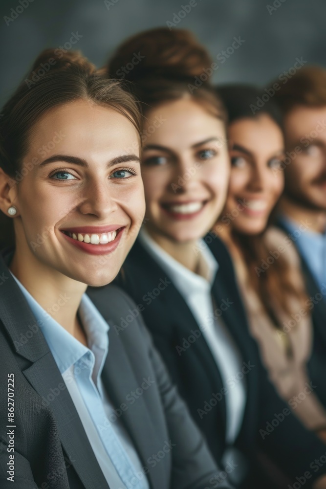 A group of people are smiling and wearing business attire. The woman in the center is the only one smiling A group of people are smiling and wearing business attire. The woman in the center is the only one smiling