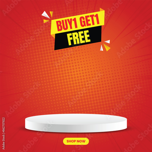 Buy one get one free social media banner, Discount offers banner, Modern concept design template, offer banner with red abstract background, Vector design. 