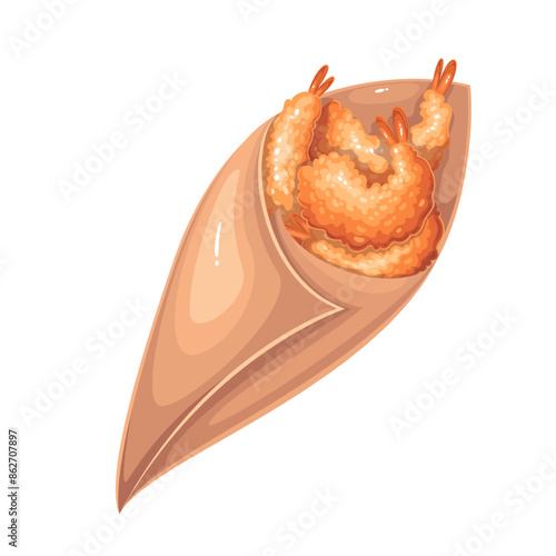 Shrimp tempura in paper pouch, cartoon Japanese street food. Bunch of hot deep fried prawns in oil with coat of crispy buttery crust, tempura frying method for seafood cartoon vector illustration