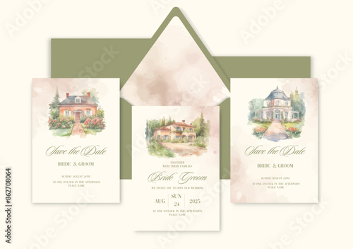 Luxury wedding invitation card background with watercolor country house for wedding ceremony.