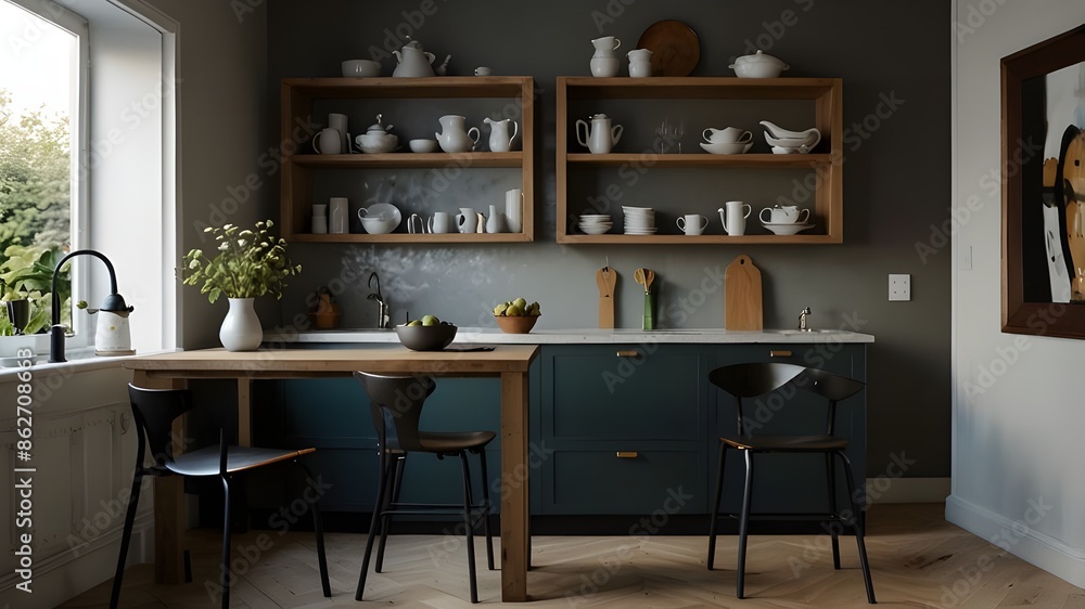 A sophisticated kitchen decor featuring a shelf, a fake frame, and a table and chairs A sophisticated kitchen decor featuring a shelf, a fake frame, and a table and chairs