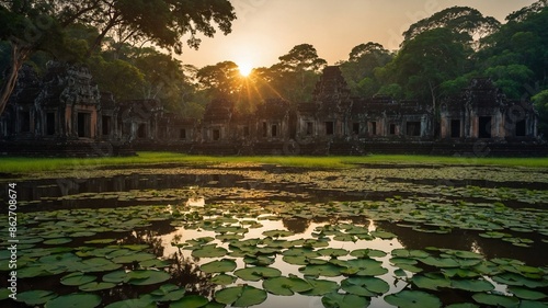 As sun rises, its warm rays filter through ancient temples stone structures, casting serene glow. Tranquil pond in foreground reflects majestic trees, adorned with green lily pads.
