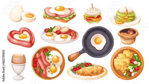 Eggs dishes set, cartoon morning food. Fried eggs with sausages, slices of bacon and ham on toast, top view of cartoon plates with omelette and tomato salad, zucchini pancakes vector illustration